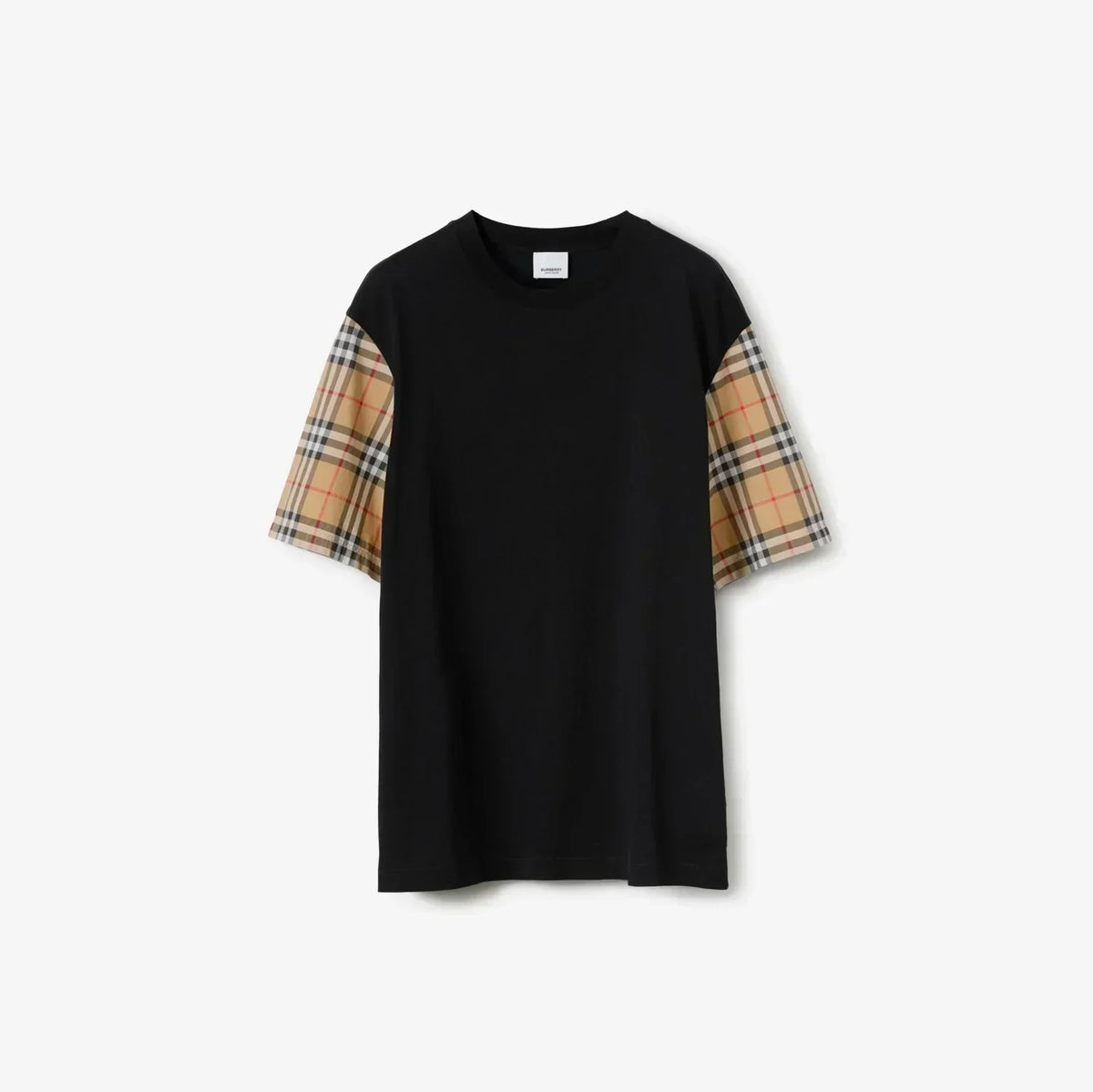 BURBERRY — T-shirt à manches Vintage Check, jersey de coton, Noir et beige
