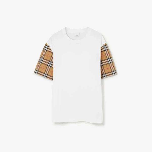 BURBERRY — T-shirt à manches Vintage Check, jersey de coton, Blanc et beige