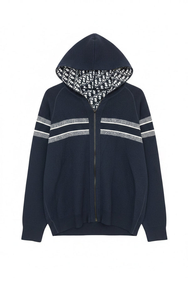 Dior Sweatshirt à capuche zippé — Laine bleu marine motif Dior Oblique
