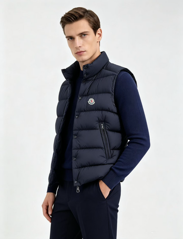 MONCLER — Doudoune sans manches à col montant, nylon mat, Bleu marine