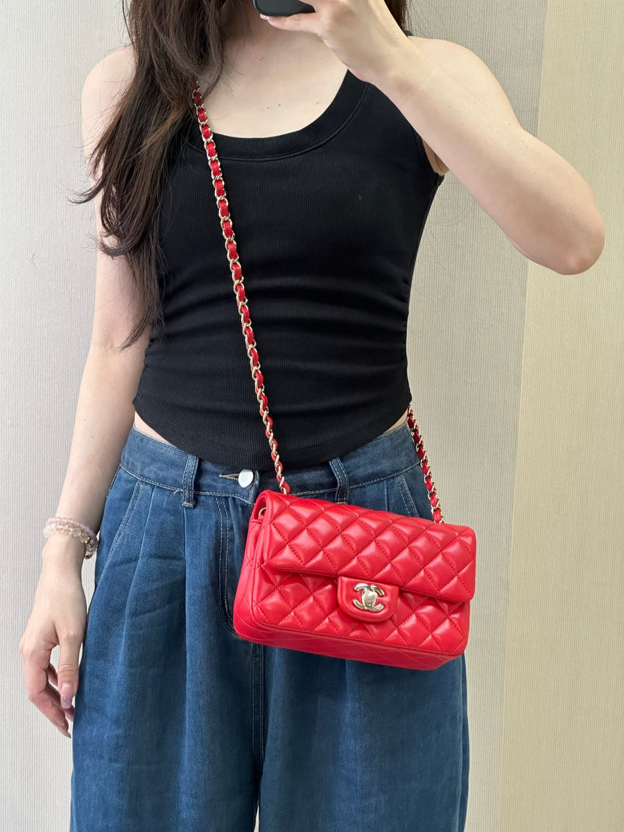CHANEL — Mini Classic Flap Bag Matelassé Rouge