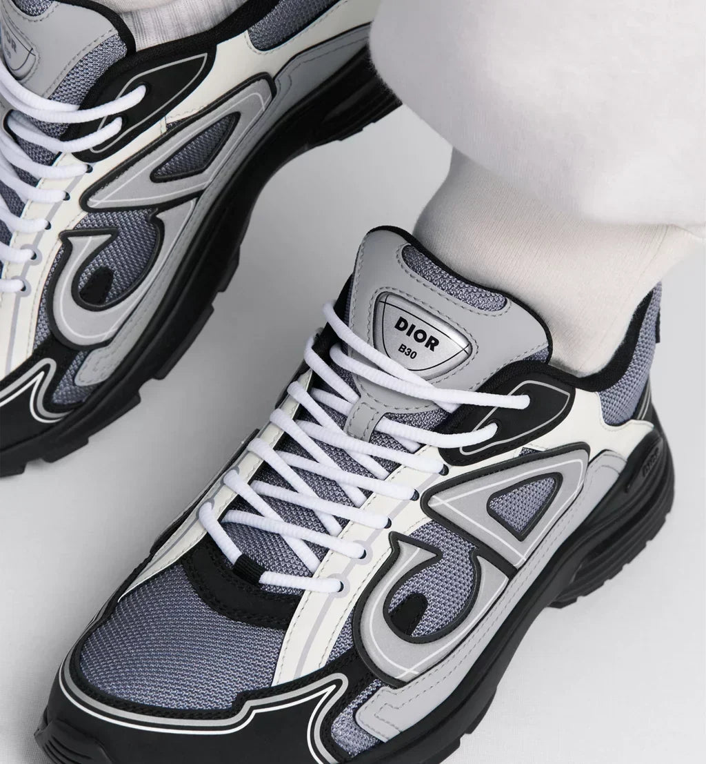 DIOR — Sneaker B30, maille technique et nylon, Gris, noir et blanc
