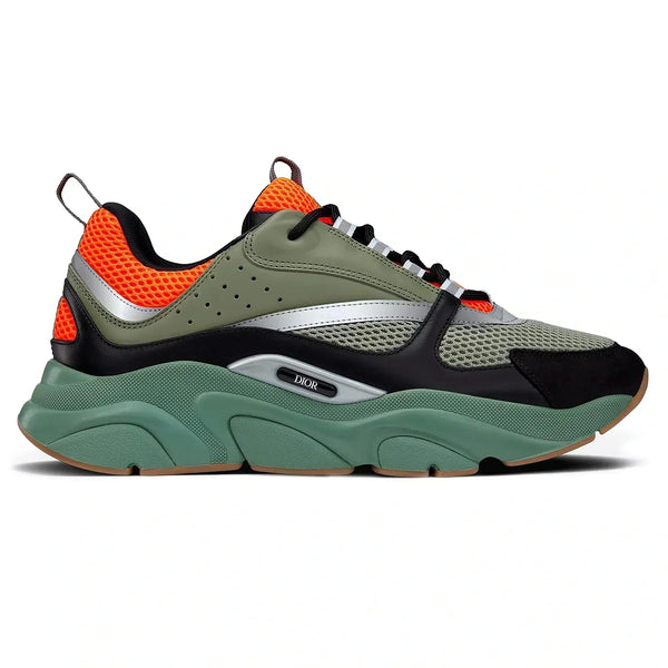 DIOR — Sneaker B22, maille technique et cuir, Kaki, orange et noir